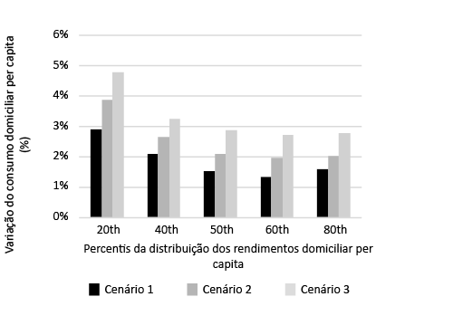 Figura 2: Efeito dos cenários simulados da introdução de uma pensão a velhice sobre o consumo per capita do agregado familiar, após impostos e transferências